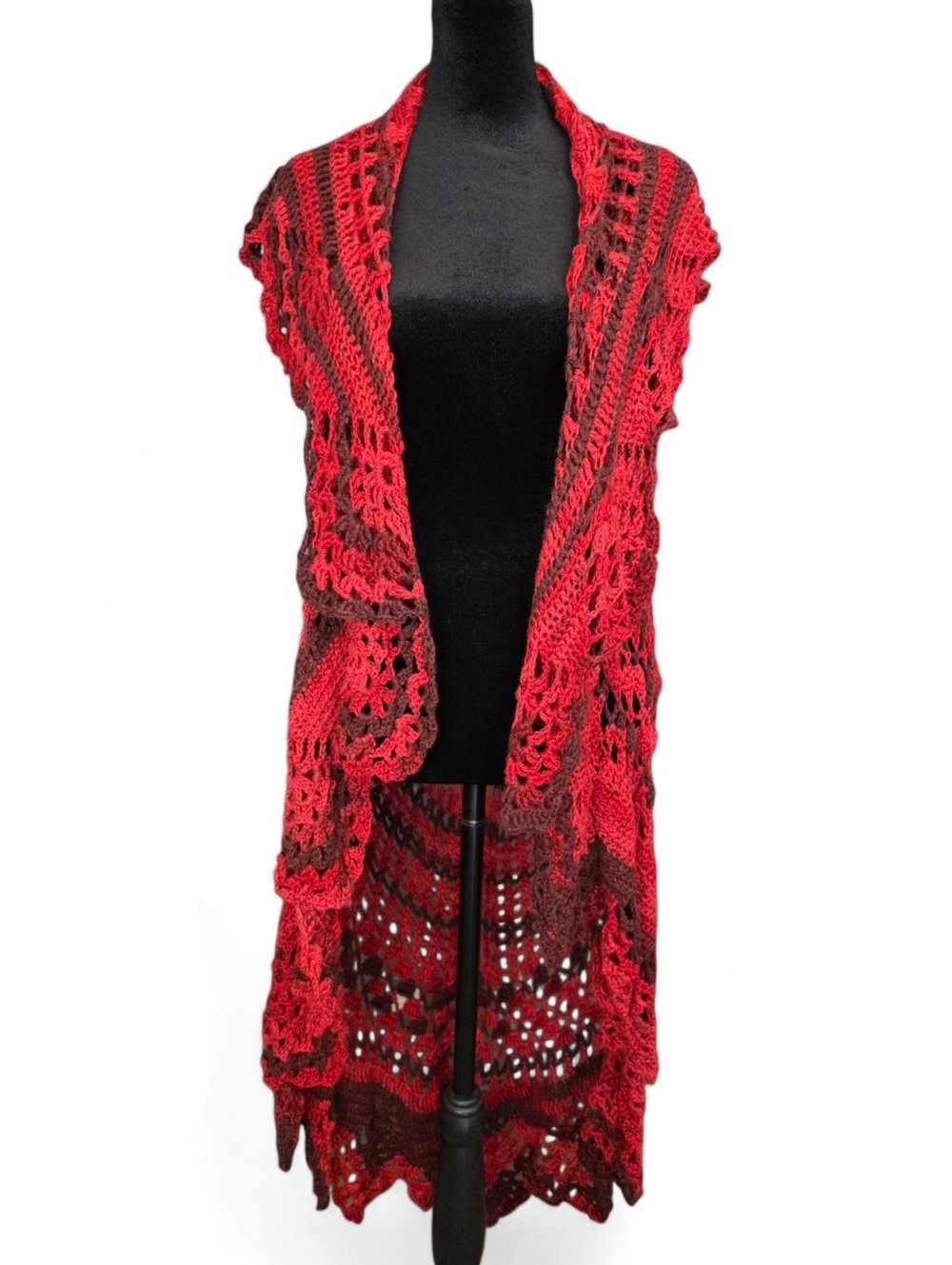 Boho Crochet Duster Red Burgundy Handmade Open Knit Cardigan Festival Mandala